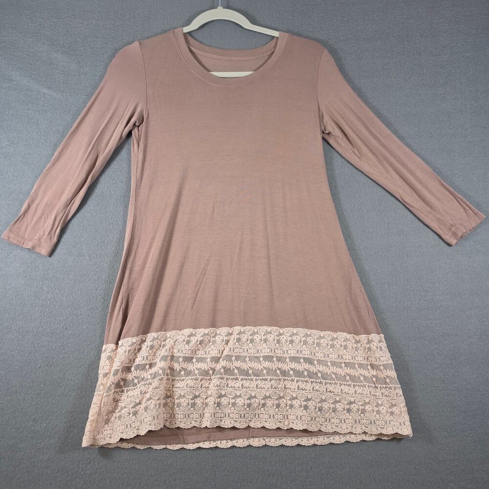 LOGO Lori Goldstein Long Sleeve Tunic Top XXS Dusty Rose Mauve Crochet Lace Hem